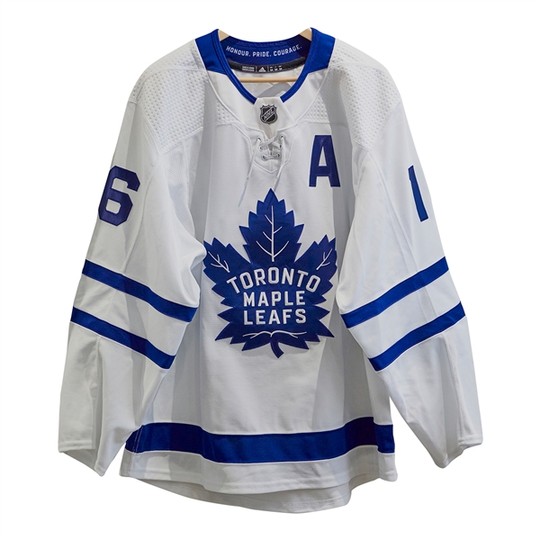 Mitch Marner Game Worn Maple Leafs White Road Jersey with "A" Patch from 2020 NHL Season