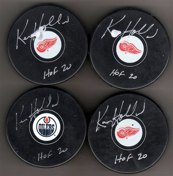 Ken Holland Detroit Red Wings + Edmonton Oilers Lot of 4 Signed Pucks with HOF Note (Flawed)
