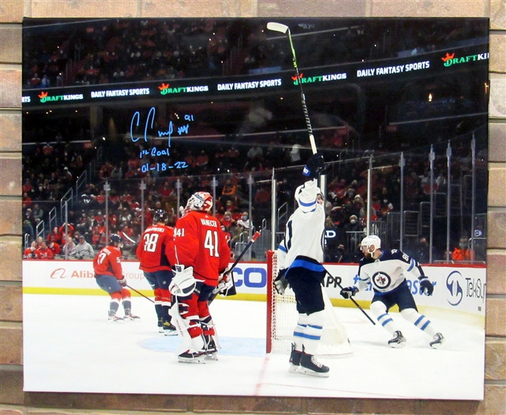 Cole Perfetti Winnipeg Jets Signed 26x32 Stretched Canvas with 1st Goal Note