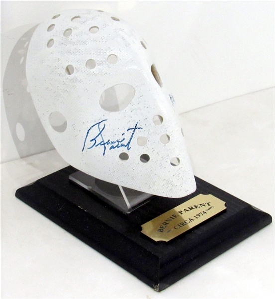 Bernie Parent Signed Vintage Mini Goalie Mask + Stand & Base with HOF Note (Flawed)