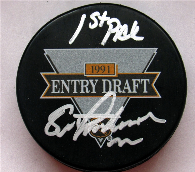 Eric Lindros Signed 1991 NHL Entry Draft Puck with 1st Pick Note (Flawed)