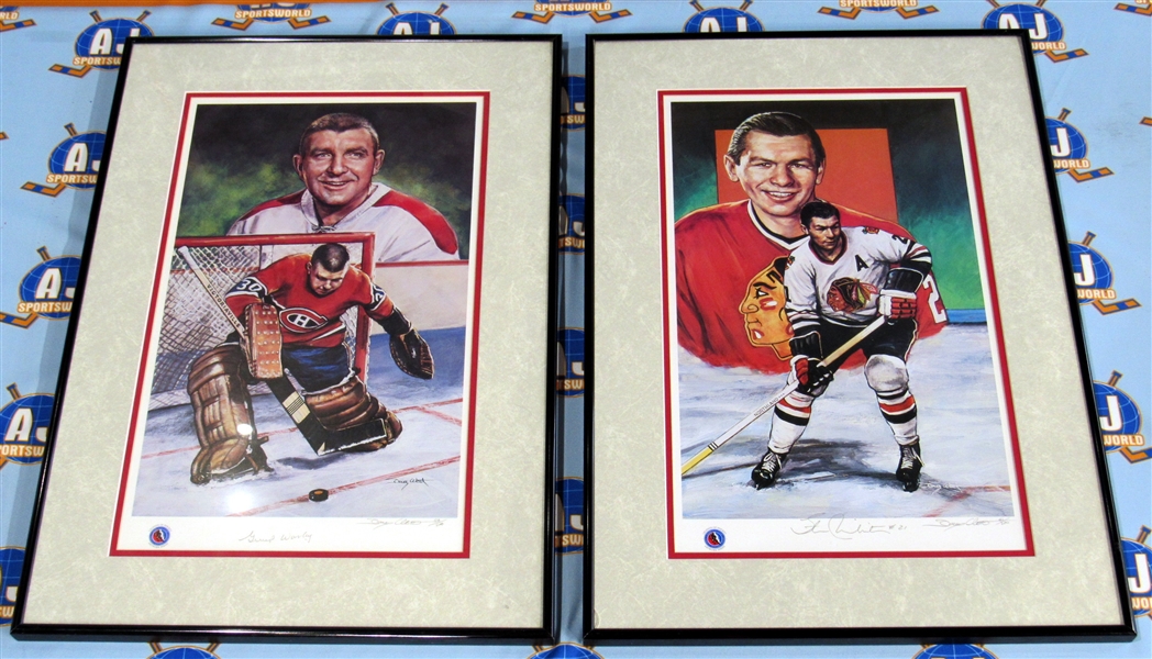 Stan Mikita & Gump Worsley Signed Hall of Fame Limited Edition 18x25 Framed Prints (Flawed)