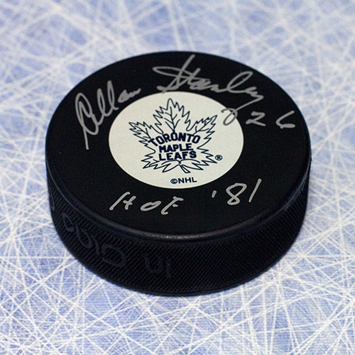 Allan Stanley Toronto Maple Leafs Signed Hockey Puck with HOF Note