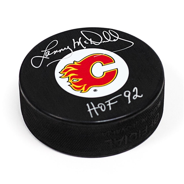 Lanny McDonald Calgary Flames Autographed Hockey Puck with HOF Note
