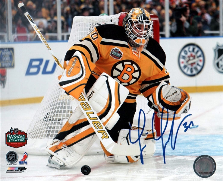 Tim Thomas Boston Bruins Autographed Fenway Park 2010 Winter Classic 8x10 Photo (Flawed)