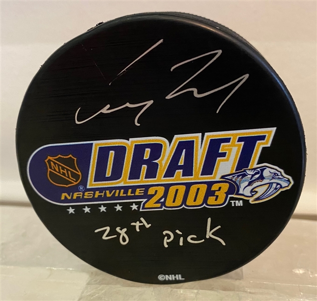 Corey Perry Autographed 2003 NHL Draft Puck with 28th Pick Note (Flawed)