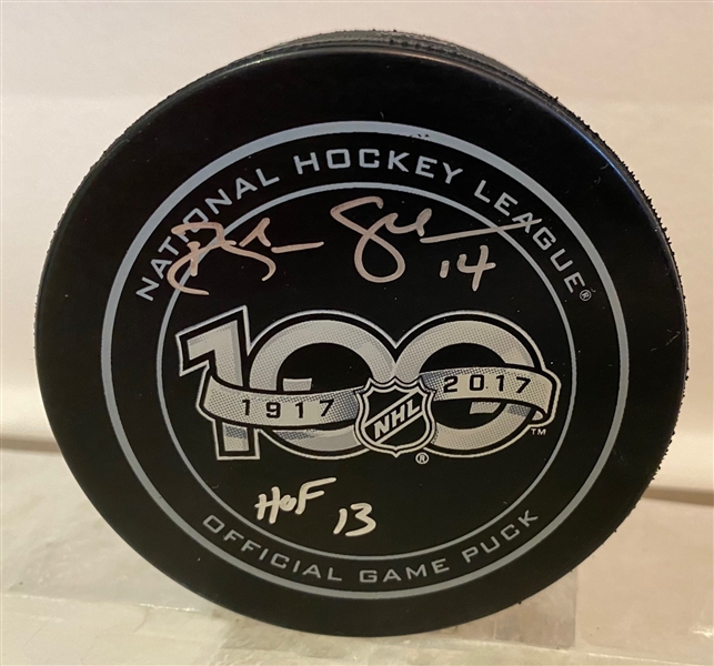 Brendan Shanahan Autographed NHL Centennial Season Game Puck with HOF 13 Note