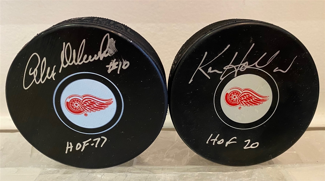 Alex Delvecchio & Ken Holland Signed Detroit Red Wings Pucks with HOF Notes - Lot of 2 (Flawed)
