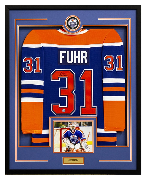 Grant Fuhr Autographed Edmonton Oilers 36x44 Framed Jersey Display