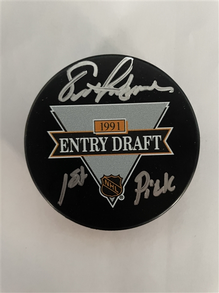 Eric Lindros Signed 1991 NHL Entry Draft Puck with 1st Pick Note