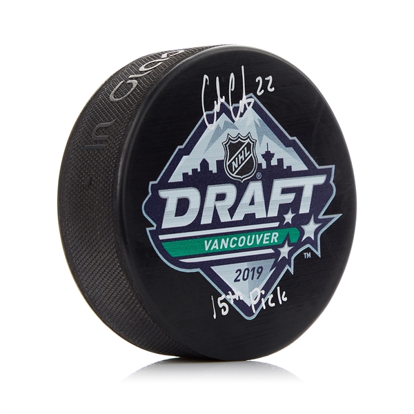 Cole Caufield Signed 2019 NHL Entry Draft Puck with 15th Pick Note