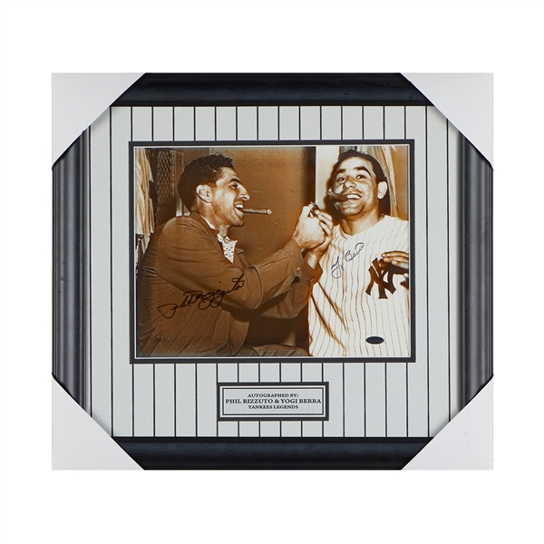 Phil Rizzuto & Yogi Berra Dual Signed New York Yankees Cigar 19x21 Pinstriped Frame