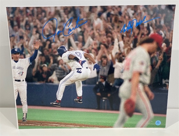 Joe Carter & Mitch Williams Dual Signed 1993 World Series Home Run 16x20 Mounted Photo (Flawed)