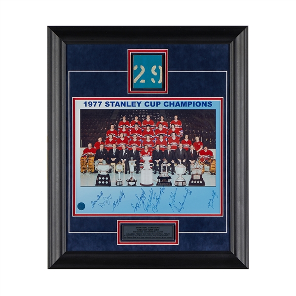 1977 Montreal Canadiens 9 Player Team Signed Stanley Cup 20x24 Frame with Piece of Forum Seat