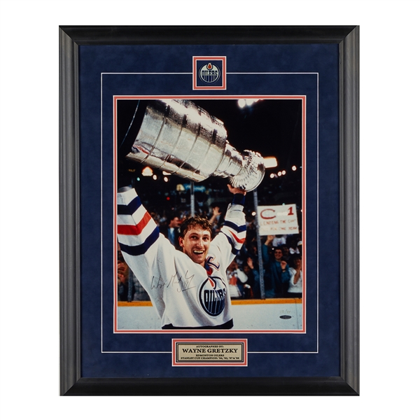 Wayne Gretzky Signed Edmonton Oilers Hoisting the Cup 24x30 Frame with UDA Hologram (Flawed)