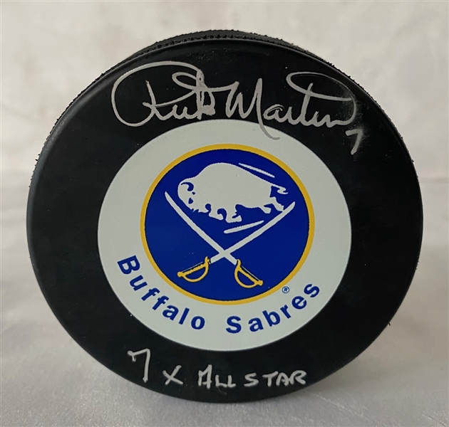 Rick Martin Autographed Buffalo Sabres Puck with 7x All Star Note (Flawed)