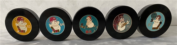 Izvestia Cup Vintage 1980s Russian International Hockey Tournament Snowman Pucks - Lot of 5 - Rare