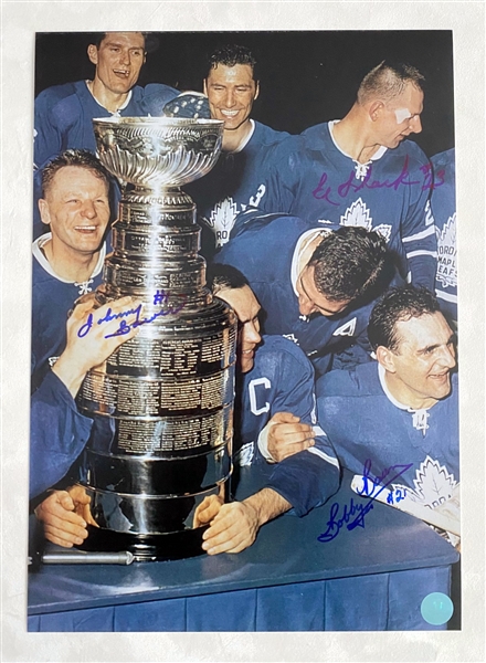 Toronto Maple Leafs Bower, Shack, Baun Triple Signed 1964 Stanley Cup Celebration 10x14 Photo