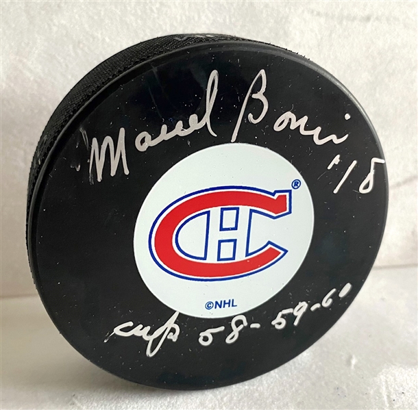 Marcel Bonin Montreal Canadiens Autographed Puck with Cup 58-59-60 Note