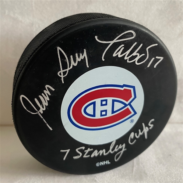 Jean-Guy Talbot Montreal Canadiens Autographed Puck with 7 Stanley Cups Note