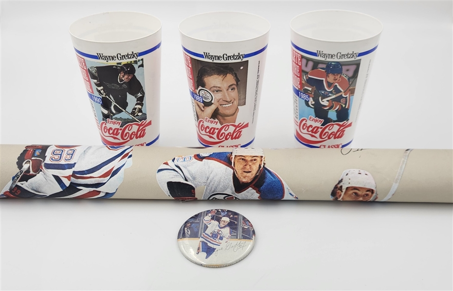 Wayne Gretzky Edmonton Oilers 1980s Cups Pin Button & Wrapping Paper Lot