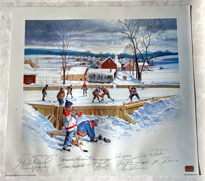 Where Legends Begin Signed 18x19 Hockey Lithograph by 10 Legends - Richard Brothers, Beliveau, Lafleur, Hull, Bower
