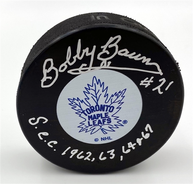 Bobby Baun Toronto Maple Leafs Autographed Stanley Cups Noted Puck