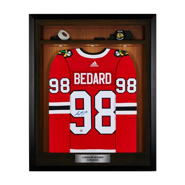 Connor Bedard Signed Chicago Blackhawks Locker Room 36x44 Jersey Frame