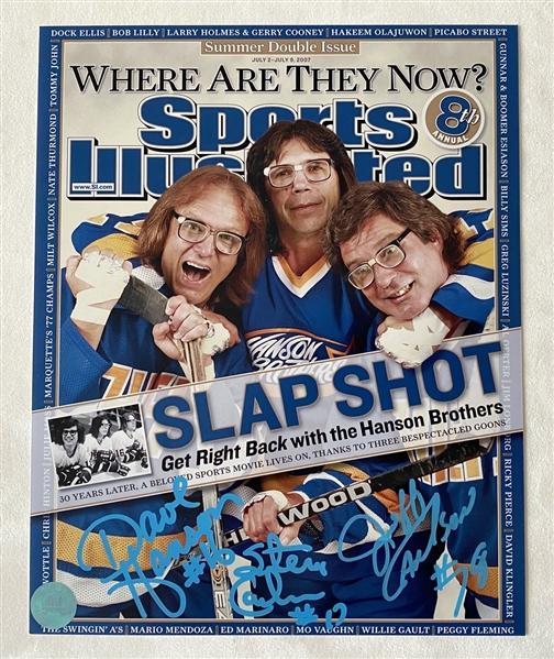 The Hanson Brothers Triple Signed Charlestown Chiefs Slap Shot 8x10 SI Cover Photo