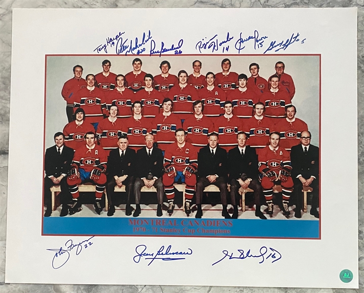 1970-71 Montreal Canadiens 9 Player Team Signed Stanley Cup 16x20 - Beliveaus Last Cup