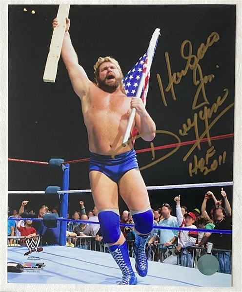 Hacksaw Jim Duggan WWE Signed Wrestling Ring Flag Salute 8x10 Photo (Flawed)