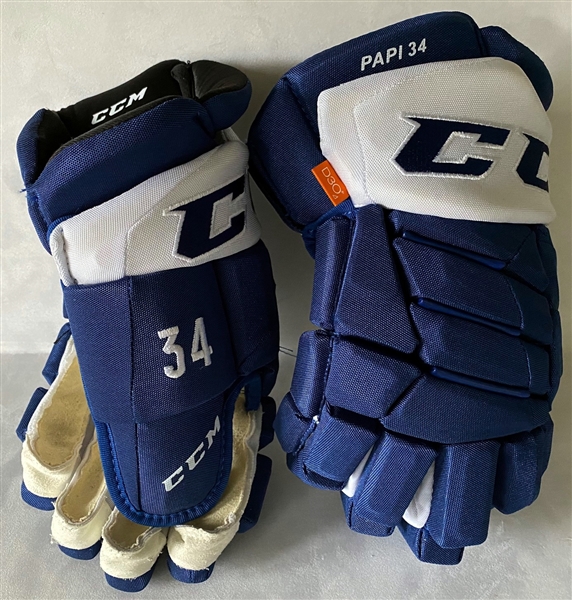 Auston Matthews Game Worn Maple Leafs CCM Hockey Gloves With Heart Emoji Drawn on Palms - MLSE COA