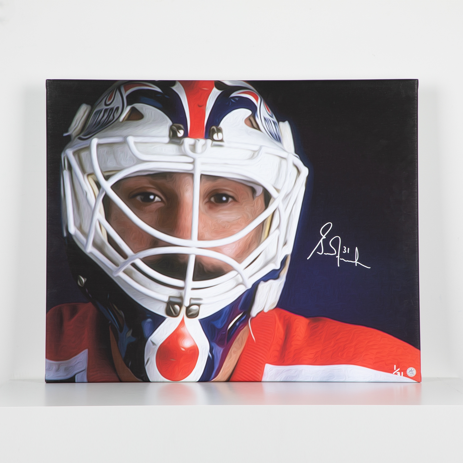 Grant Fuhr Signed Edmonton Oilers Mask Close-Up 26x32 Art Canvas #1/31