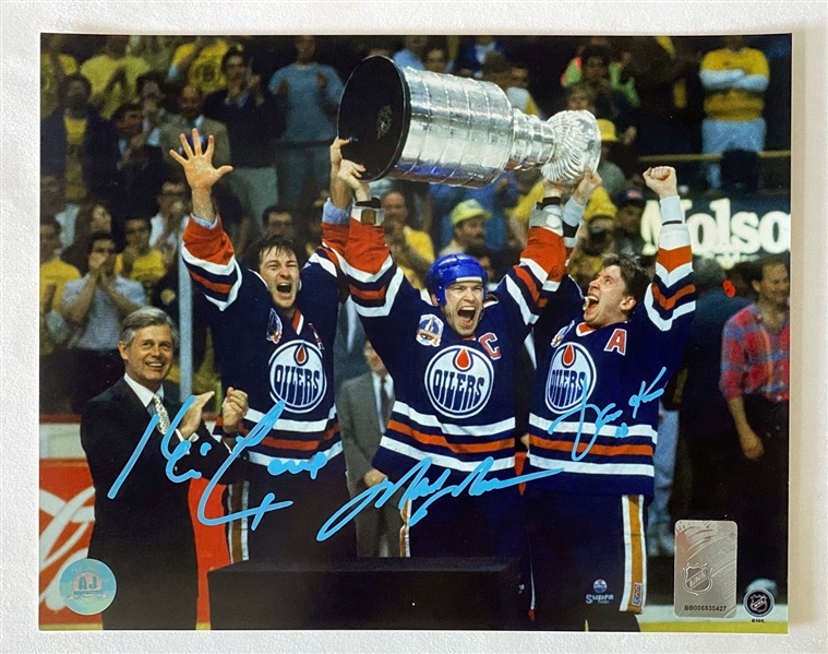1990 Stanley Cup Edmonton Oilers Mark Messier, Kurri & Lowe Signed 8x10 Photo