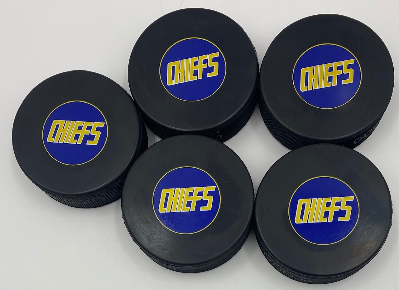 Charlestown Chiefs The Hanson Brothers Lot of 5 Unsigned Pucks