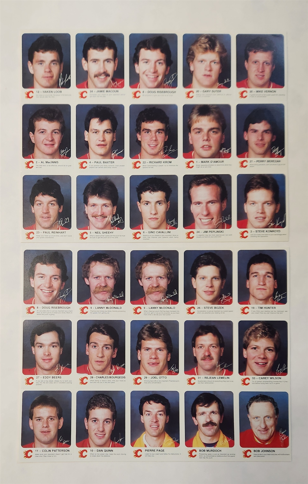 1985-86 Calgary Flames Red Rooster Uncut Sheets Set with McDonald & Vernon