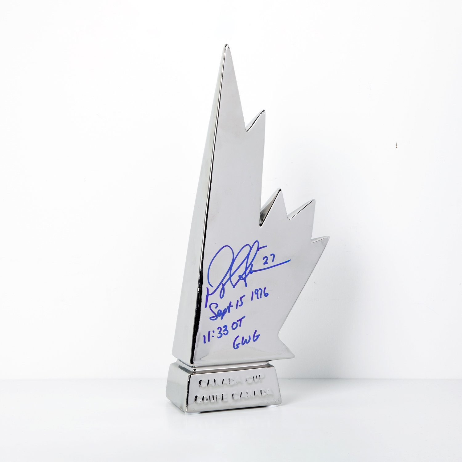 Darryl Sittler Signed And Inscribed Canada Cup Replica Trophy with Goal Note