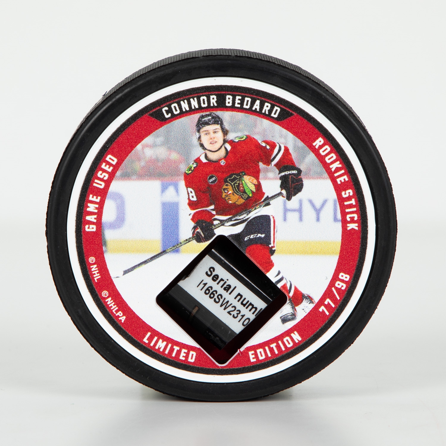 Connor Bedard Chicago Blackhawks Game Used Rookie Stick Hockey Puck 77/98 