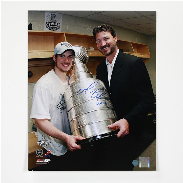 Mario Lemieux Signed Pittsburgh Penguins Stanley Cup Champions 16x20 Photo with HOF Note