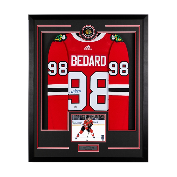 Connor Bedard Signed Chicago Blackhawks Puck Logo 36x44 Jersey Frame