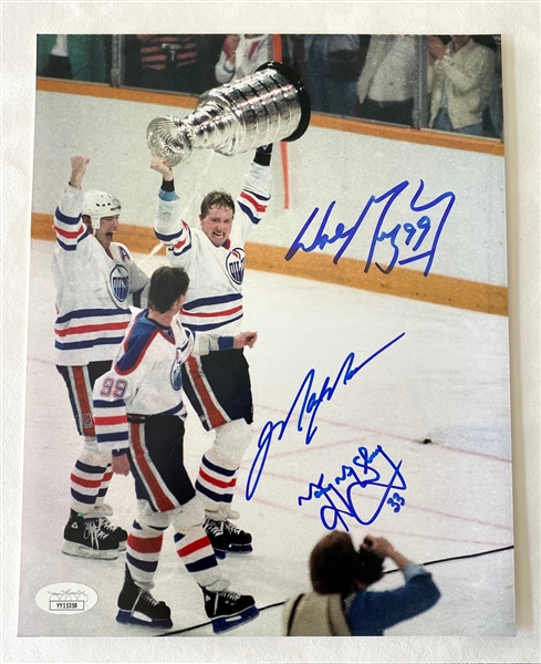 Wayne Gretzky, Mark Messier & McSorley Triple Signed 87 Stanley Cup - Game 7 Oilers 8x10