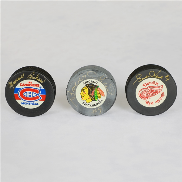 Lot of Gordie Howe, Maurice Richard & Bobby Hull Signed Vintage Pucks