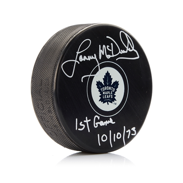 Lanny McDonald Signed Toronto Maple Leafs Puck with First Game Note