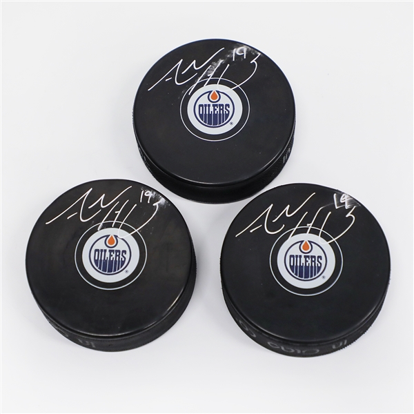 Adam Henrique Edmonton Oilers Autographed Lot Of 3 Pucks (Flawed)