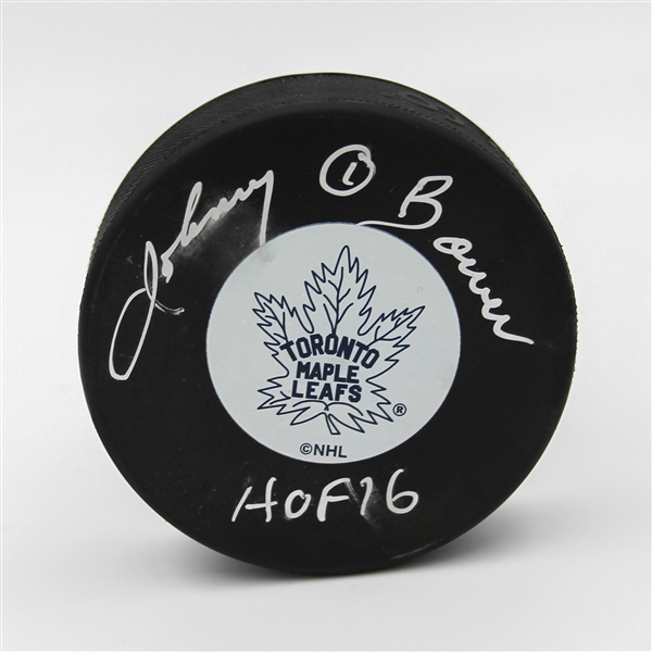 Johnny Bower Autographed Toronto Maple Leafs Hockey Puck (Flawed)