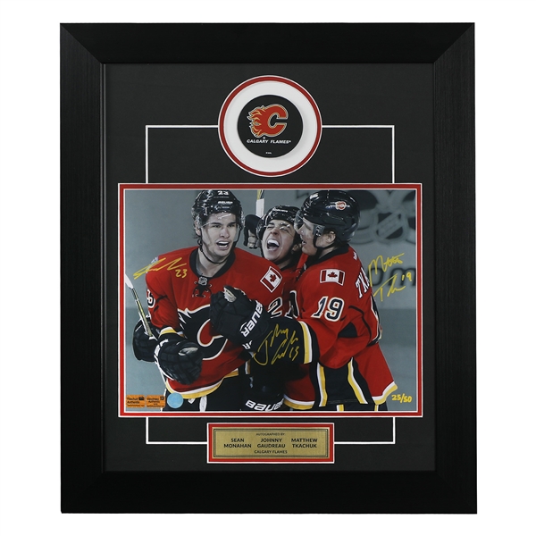 Gaudreau -Tkachuk - Monahan Signed Calgary Flames Puck Logo 20x24 Frame 25/50