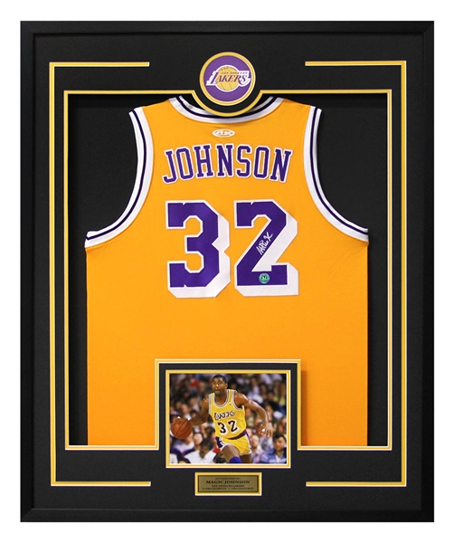 Magic Johnson Signed Los Angeles Lakers Team Logo 36x44 Jersey Frame