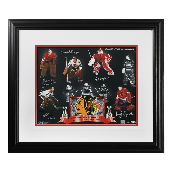 Chicago Blackhawks Autographed Goalie 26x32 Frame #/129 (Esposito & Belfour)