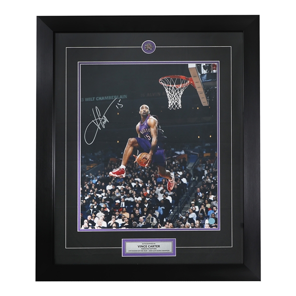 Vince Carter Autographed Toronto Raptors Slam Dunk 26x32 Frame (Flawed)