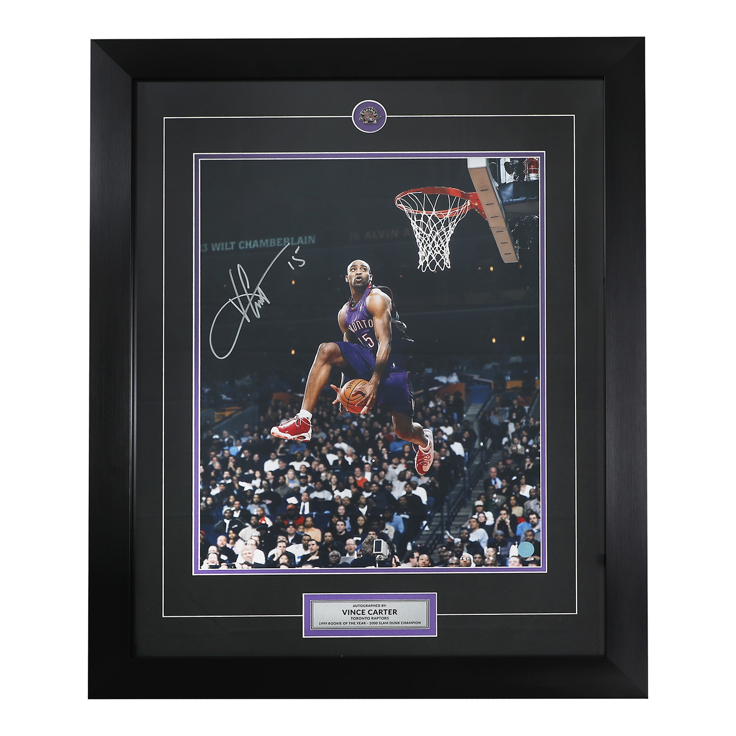 Vince Carter Autographed Toronto Raptors Slam Dunk 26x32 Frame (Flawed)